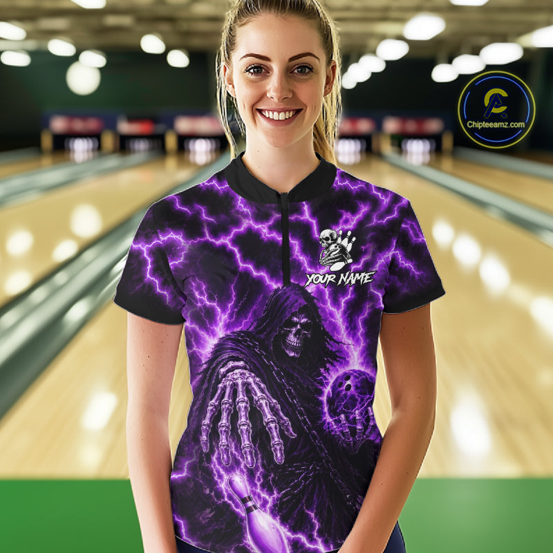Custom Purple Lightning Grim Reaper Bowling Shirts For Women, Bowling Team Jersey Polo & 1/4 Zip TDM7496