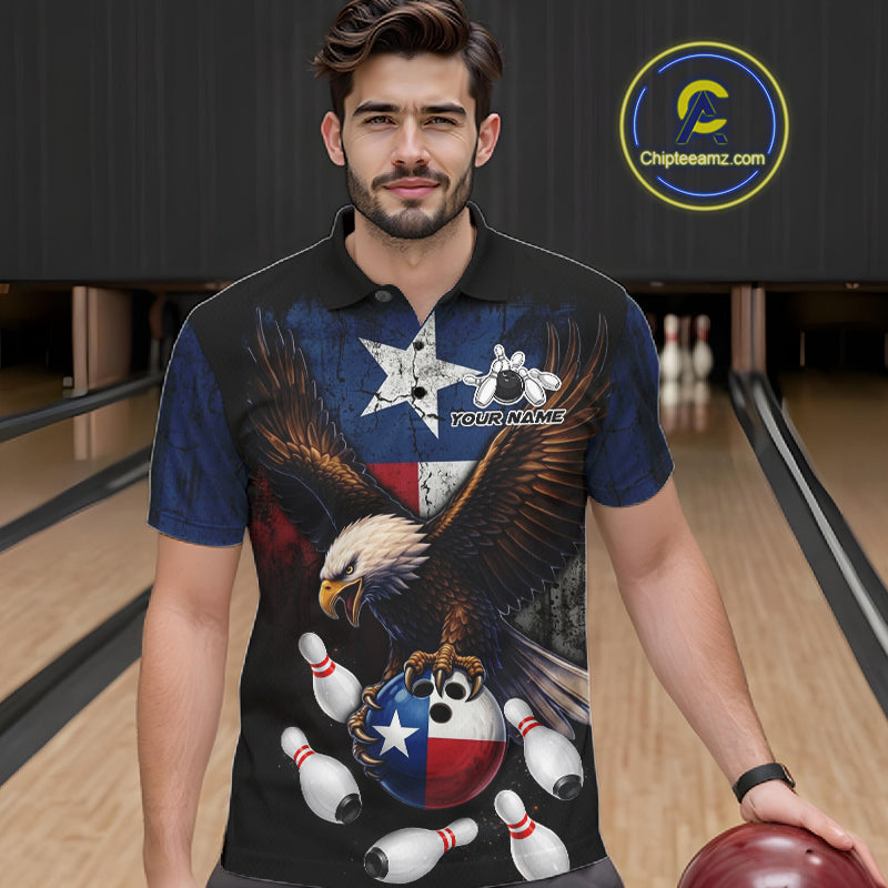 Personalized Texas Flag Eagle Bowling Team Jersey For Men Custom Patriotic Bowling League Shirts TDM7500