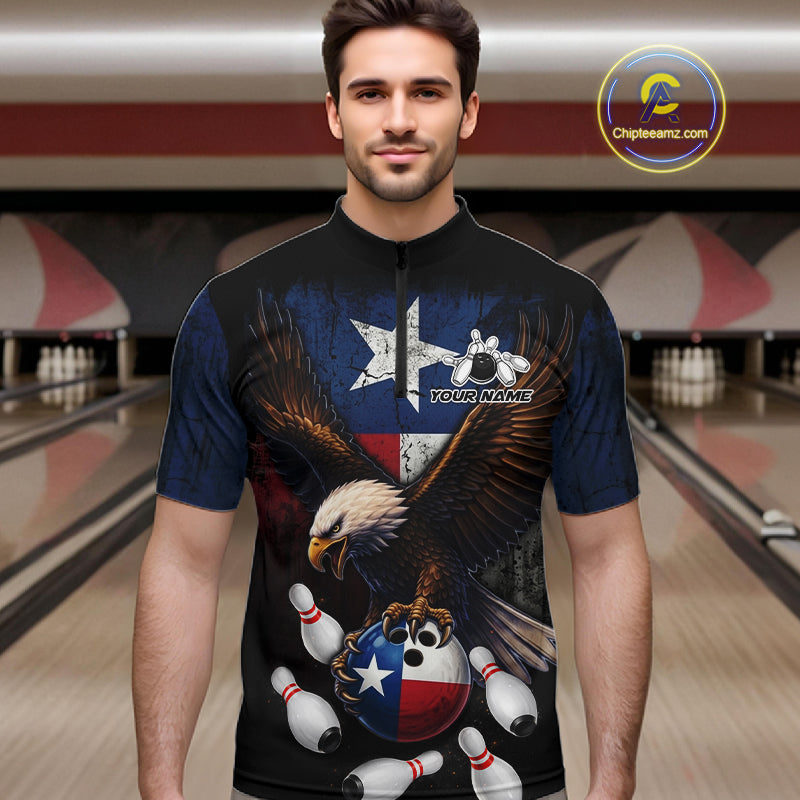 Personalized Texas Flag Eagle Bowling Team Jersey For Men Custom Patriotic Bowling League Shirts TDM7500