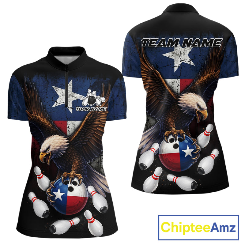 Personalized Texas Flag Eagle Bowling Team Jersey For Women Custom Patriotic Bowling League Shirts TDM7500