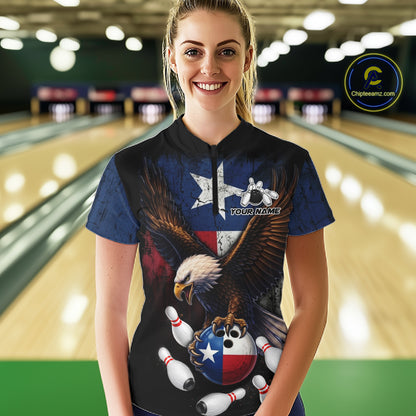 Personalized Texas Flag Eagle Bowling Team Jersey For Women Custom Patriotic Bowling League Shirts TDM7500
