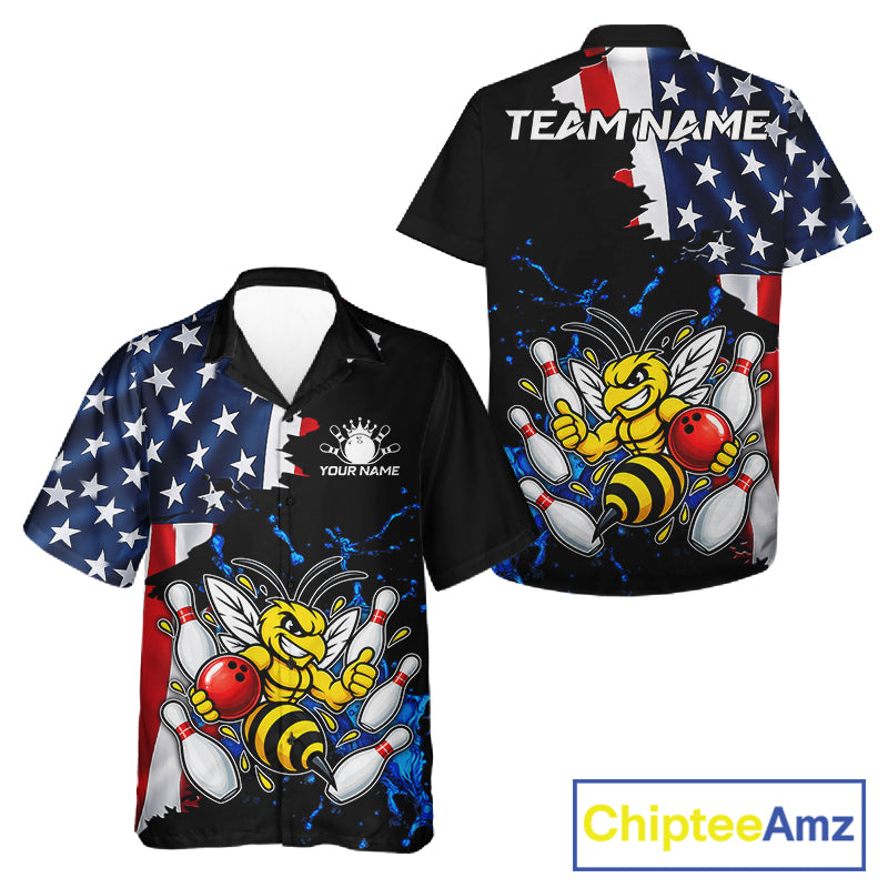 Funny Bee Bowling Hawaiian Shirts Custom US Flag Patriotic Team Bowling Jerseys Uniforms TDM7501