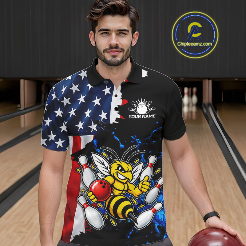 Funny Bee Bowling Shirts For Men Custom US Flag Patriotic Team Bowling Jerseys Uniforms TDM7501