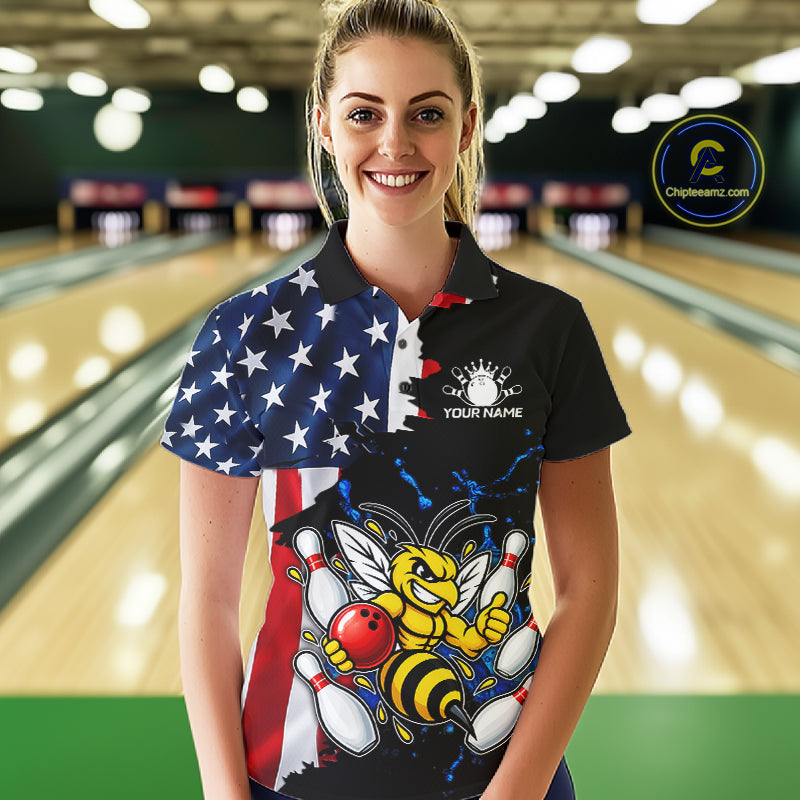 Funny Bee Bowling Shirts For Women Custom US Flag Patriotic Team Bowling Jerseys Uniforms TDM7501