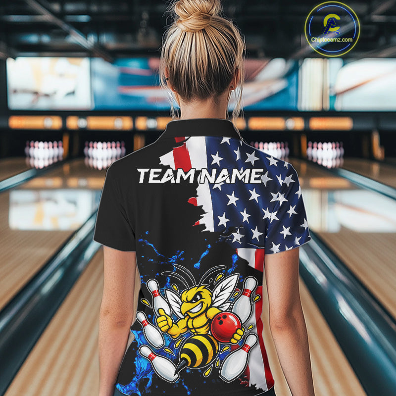 Funny Bee Bowling Shirts For Women Custom US Flag Patriotic Team Bowling Jerseys Uniforms TDM7501