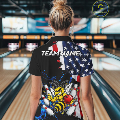 Funny Bee Bowling Shirts For Women Custom US Flag Patriotic Team Bowling Jerseys Uniforms TDM7501