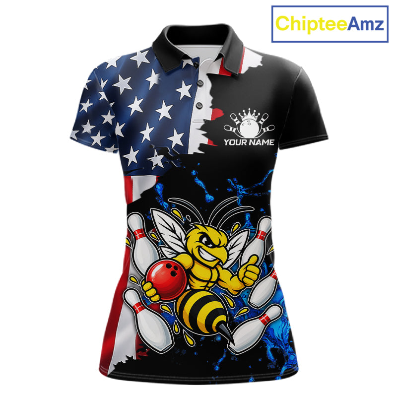 Funny Bee Bowling Shirts For Women Custom US Flag Patriotic Team Bowling Jerseys Uniforms TDM7501