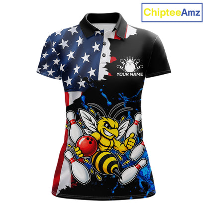 Funny Bee Bowling Shirts For Women Custom US Flag Patriotic Team Bowling Jerseys Uniforms TDM7501