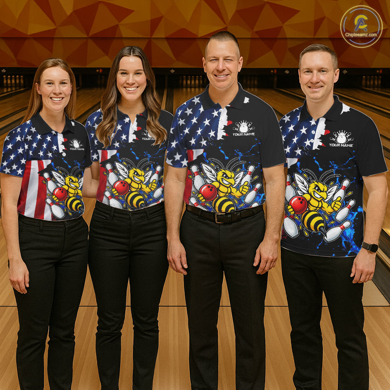 Funny Bee Bowling Shirts For Men Custom US Flag Patriotic Team Bowling Jerseys Uniforms TDM7501