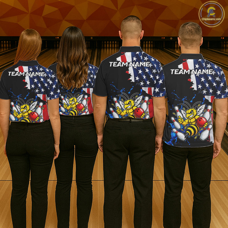 Funny Bee Bowling Shirts For Men Custom US Flag Patriotic Team Bowling Jerseys Uniforms TDM7501