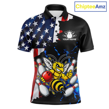 Funny Bee Bowling Shirts For Men Custom US Flag Patriotic Team Bowling Jerseys Uniforms TDM7501