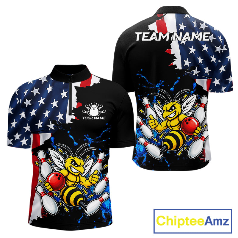 Funny Bee Bowling Shirts For Men Custom US Flag Patriotic Team Bowling Jerseys Uniforms TDM7501