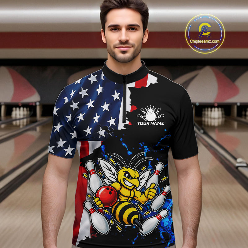 Funny Bee Bowling Shirts For Men Custom US Flag Patriotic Team Bowling Jerseys Uniforms TDM7501