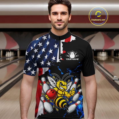 Funny Bee Bowling Shirts For Men Custom US Flag Patriotic Team Bowling Jerseys Uniforms TDM7501