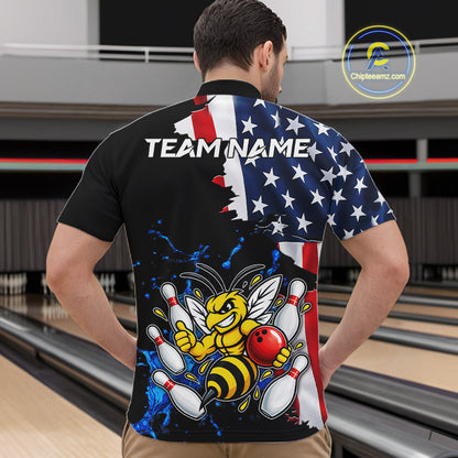 Funny Bee Bowling Shirts For Men Custom US Flag Patriotic Team Bowling Jerseys Uniforms TDM7501