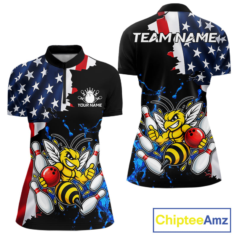 Funny Bee Bowling Shirts For Women Custom US Flag Patriotic Team Bowling Jerseys Uniforms TDM7501