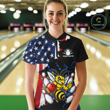 Funny Bee Bowling Shirts For Women Custom US Flag Patriotic Team Bowling Jerseys Uniforms TDM7501