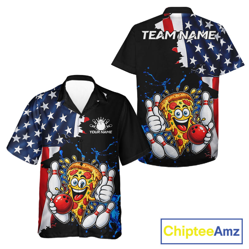 Funny Pizza Bowling Hawaiian Shirts Custom US Flag Patriotic Team Bowling Jerseys Uniforms TDM7502