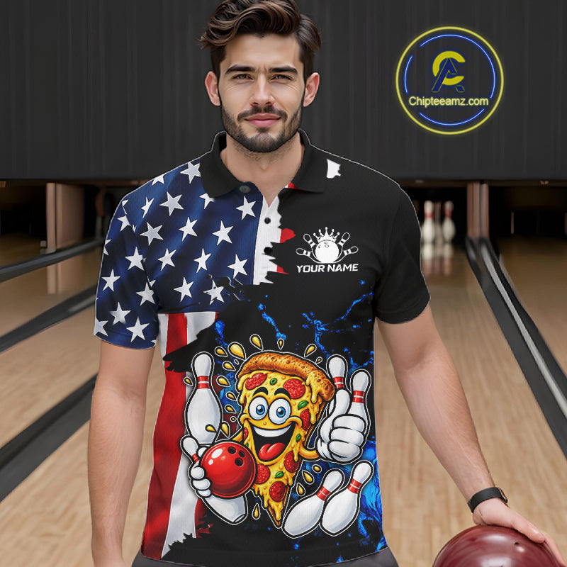 Funny Pizza Bowling Shirts For Men Custom US Flag Patriotic Team Bowling Jerseys Uniforms TDM7502