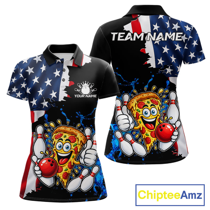 Funny Pizza Bowling Shirts For Women Custom US Flag Patriotic Team Bowling Jerseys Uniforms TDM7502