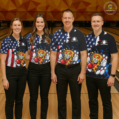 Funny Pizza Bowling Shirts For Men Custom US Flag Patriotic Team Bowling Jerseys Uniforms TDM7502