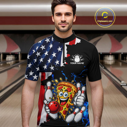Funny Pizza Bowling Shirts For Men Custom US Flag Patriotic Team Bowling Jerseys Uniforms TDM7502