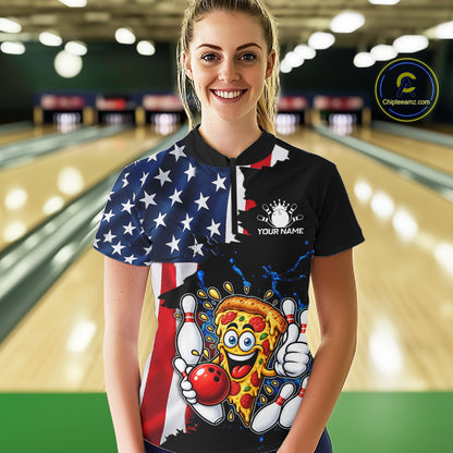 Funny Pizza Bowling Shirts For Women Custom US Flag Patriotic Team Bowling Jerseys Uniforms TDM7502