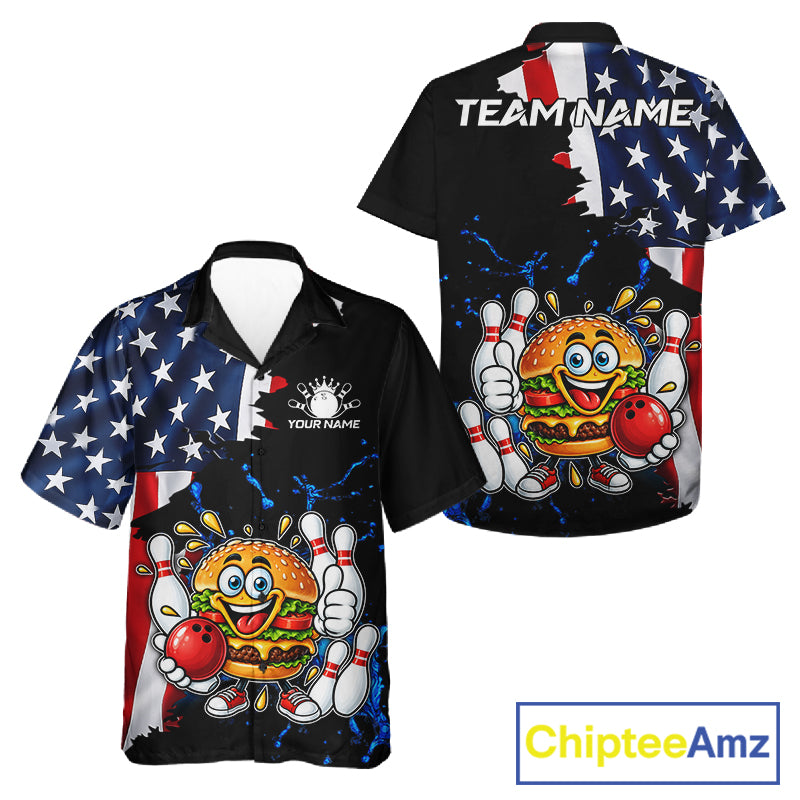 Funny Hamburger Bowling Hawaiian Shirts Custom US Flag Patriotic Team Bowling Jerseys Uniforms TDM7503