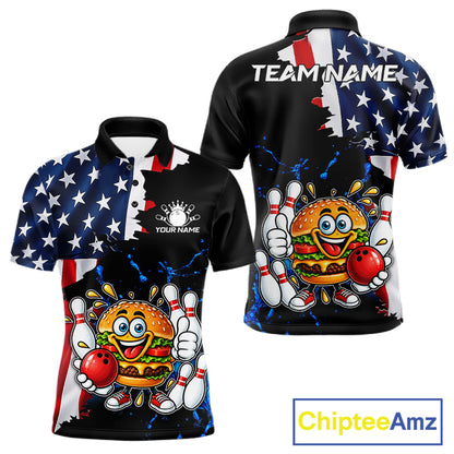 Funny Hamburger Bowling Shirts For Men Custom US Flag Patriotic Team Bowling Jerseys Uniforms TDM7503