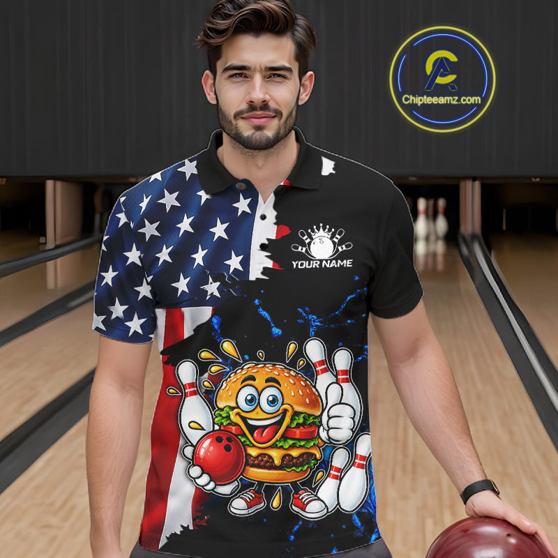 Funny Hamburger Bowling Shirts For Men Custom US Flag Patriotic Team Bowling Jerseys Uniforms TDM7503