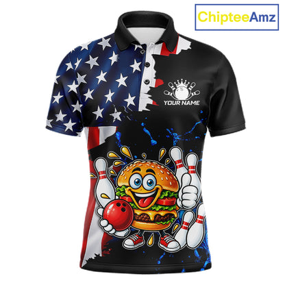 Funny Hamburger Bowling Shirts For Men Custom US Flag Patriotic Team Bowling Jerseys Uniforms TDM7503