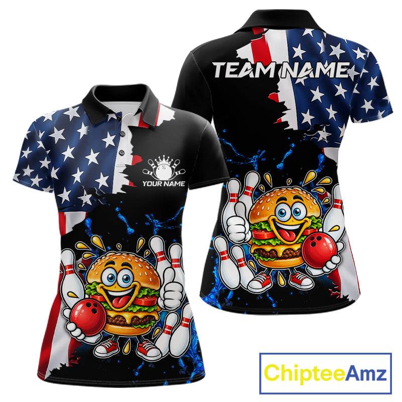 Funny Hamburger Bowling Shirts For Women Custom US Flag Patriotic Team Bowling Jerseys Uniforms TDM7503