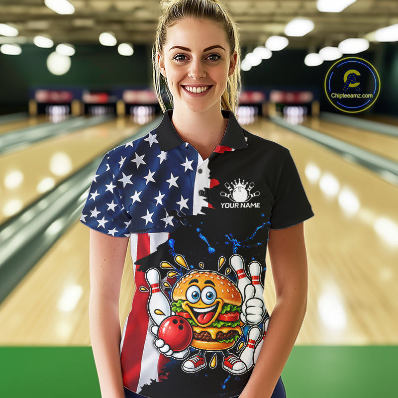 Funny Hamburger Bowling Shirts For Women Custom US Flag Patriotic Team Bowling Jerseys Uniforms TDM7503