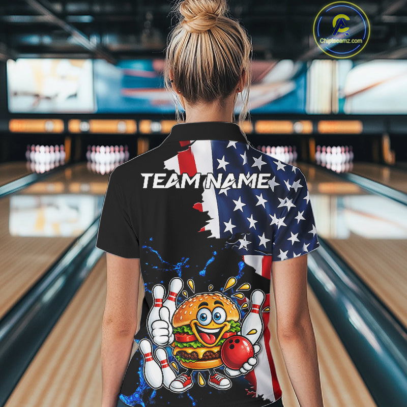 Funny Hamburger Bowling Shirts For Women Custom US Flag Patriotic Team Bowling Jerseys Uniforms TDM7503