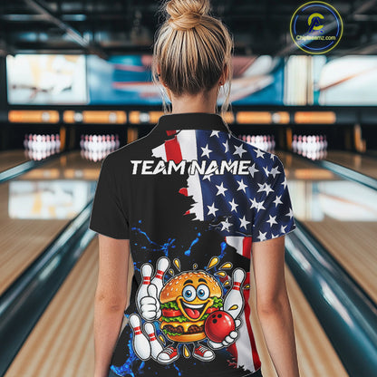 Funny Hamburger Bowling Shirts For Women Custom US Flag Patriotic Team Bowling Jerseys Uniforms TDM7503