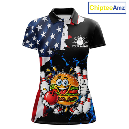 Funny Hamburger Bowling Shirts For Women Custom US Flag Patriotic Team Bowling Jerseys Uniforms TDM7503