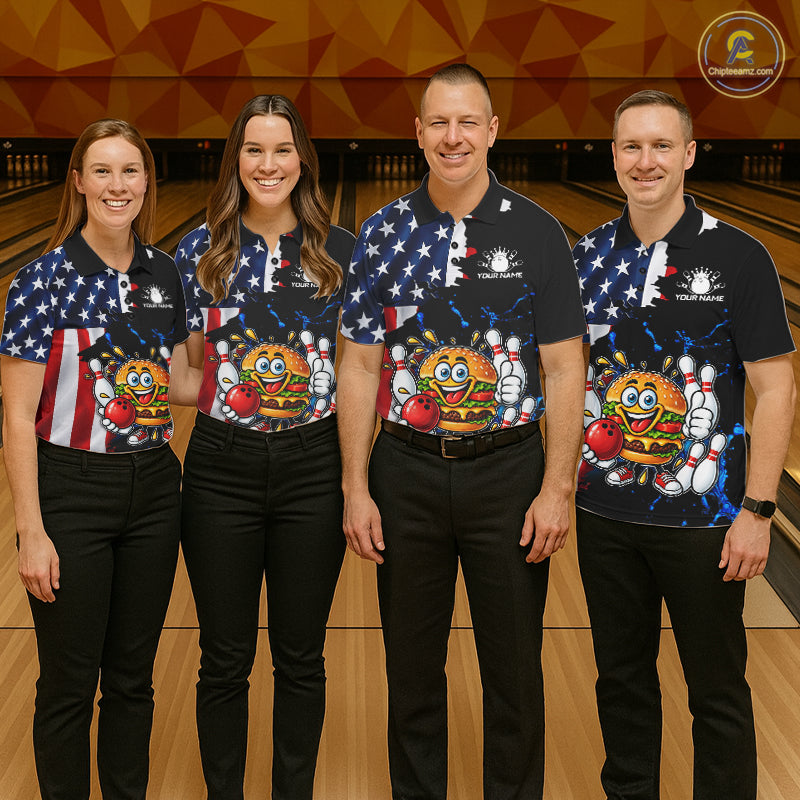 Funny Hamburger Bowling Shirts For Men Custom US Flag Patriotic Team Bowling Jerseys Uniforms TDM7503