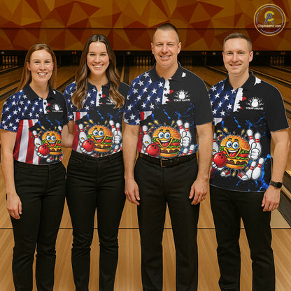 Funny Hamburger Bowling Shirts For Men Custom US Flag Patriotic Team Bowling Jerseys Uniforms TDM7503