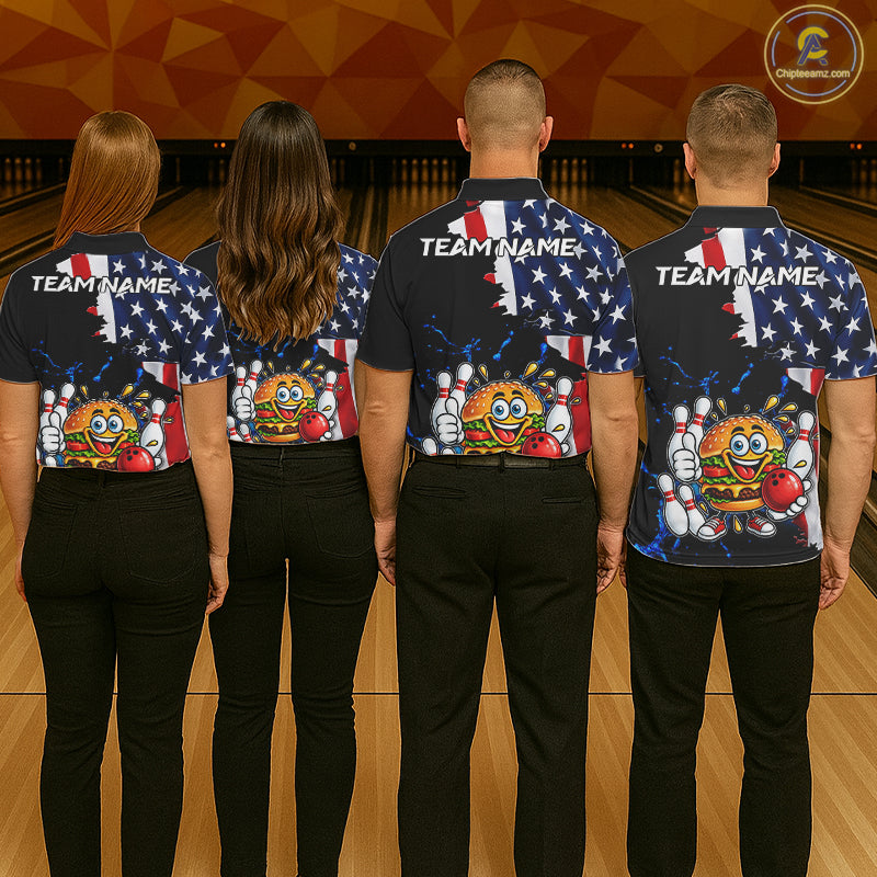 Funny Hamburger Bowling Shirts For Men Custom US Flag Patriotic Team Bowling Jerseys Uniforms TDM7503