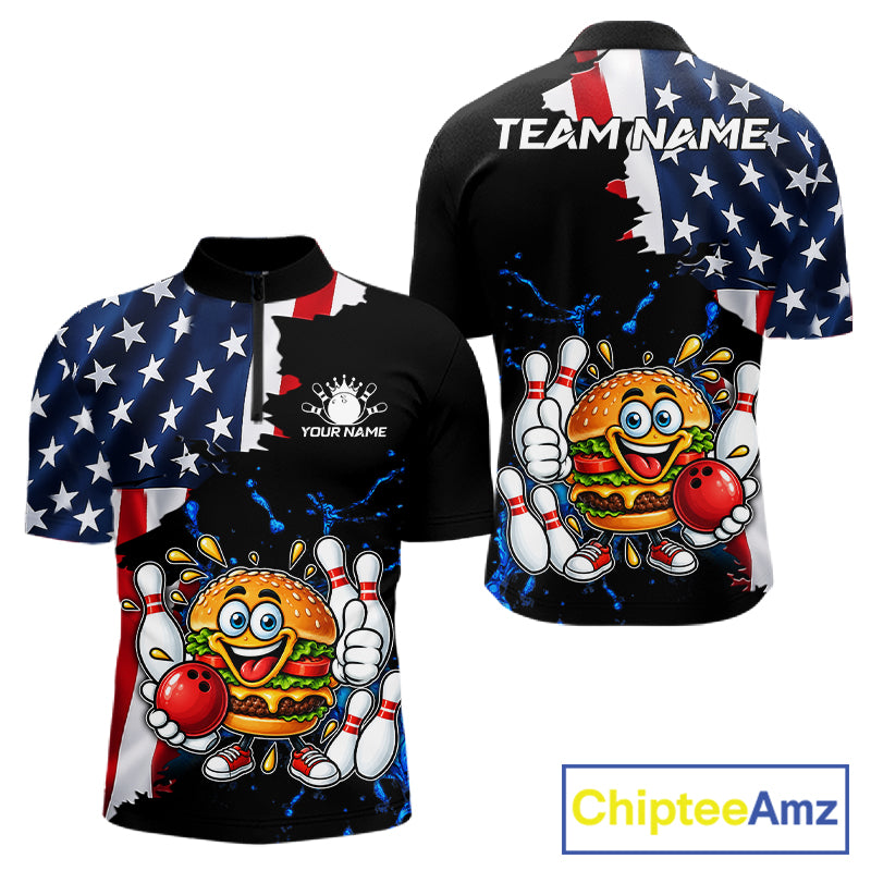 Funny Hamburger Bowling Shirts For Men Custom US Flag Patriotic Team Bowling Jerseys Uniforms TDM7503