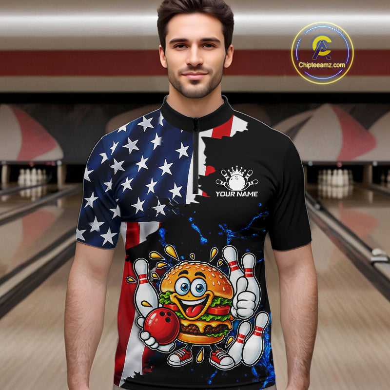 Funny Hamburger Bowling Shirts For Men Custom US Flag Patriotic Team Bowling Jerseys Uniforms TDM7503