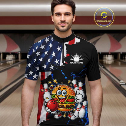 Funny Hamburger Bowling Shirts For Men Custom US Flag Patriotic Team Bowling Jerseys Uniforms TDM7503