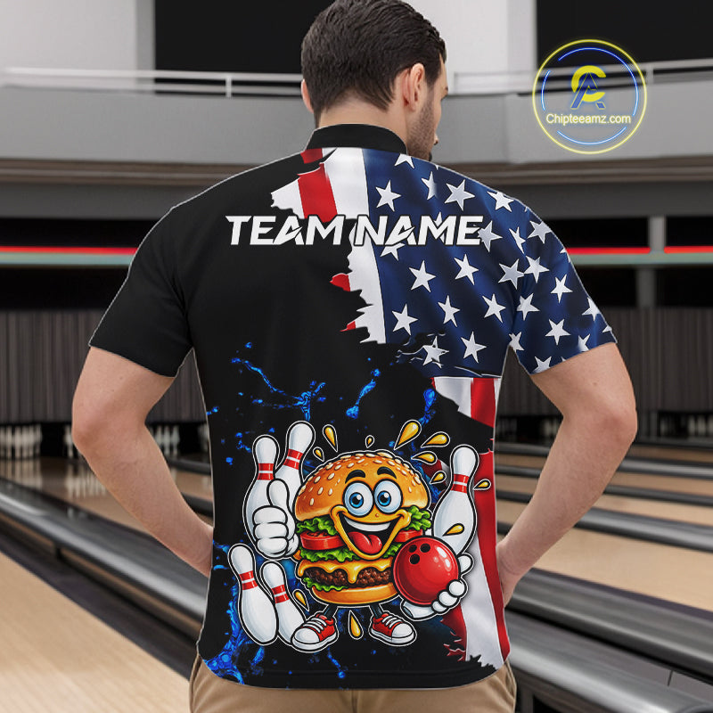 Funny Hamburger Bowling Shirts For Men Custom US Flag Patriotic Team Bowling Jerseys Uniforms TDM7503