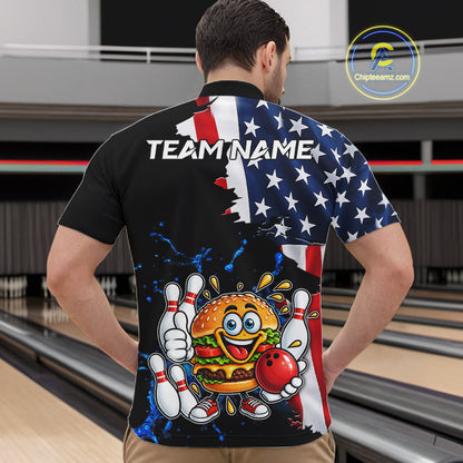 Funny Hamburger Bowling Shirts For Men Custom US Flag Patriotic Team Bowling Jerseys Uniforms TDM7503