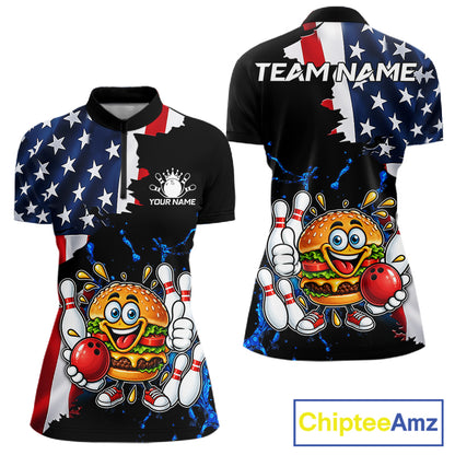 Funny Hamburger Bowling Shirts For Women Custom US Flag Patriotic Team Bowling Jerseys Uniforms TDM7503