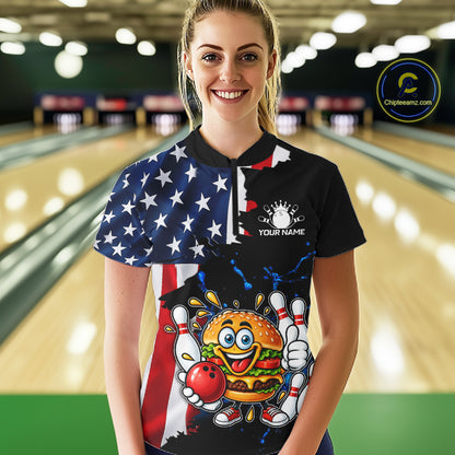Funny Hamburger Bowling Shirts For Women Custom US Flag Patriotic Team Bowling Jerseys Uniforms TDM7503