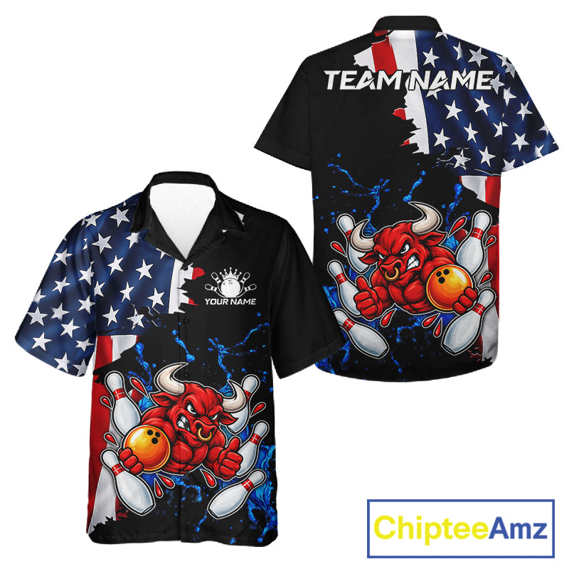 Funny Bull Bowling Hawaiian Shirts Custom US Flag Patriotic Team Bowling Jerseys Uniforms TDM7504