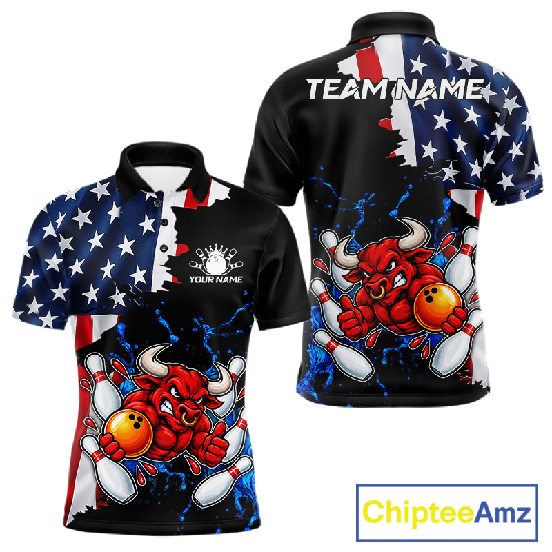 Funny Bull Bowling Shirts For Men Custom US Flag Patriotic Team Bowling Jerseys Uniforms TDM7504