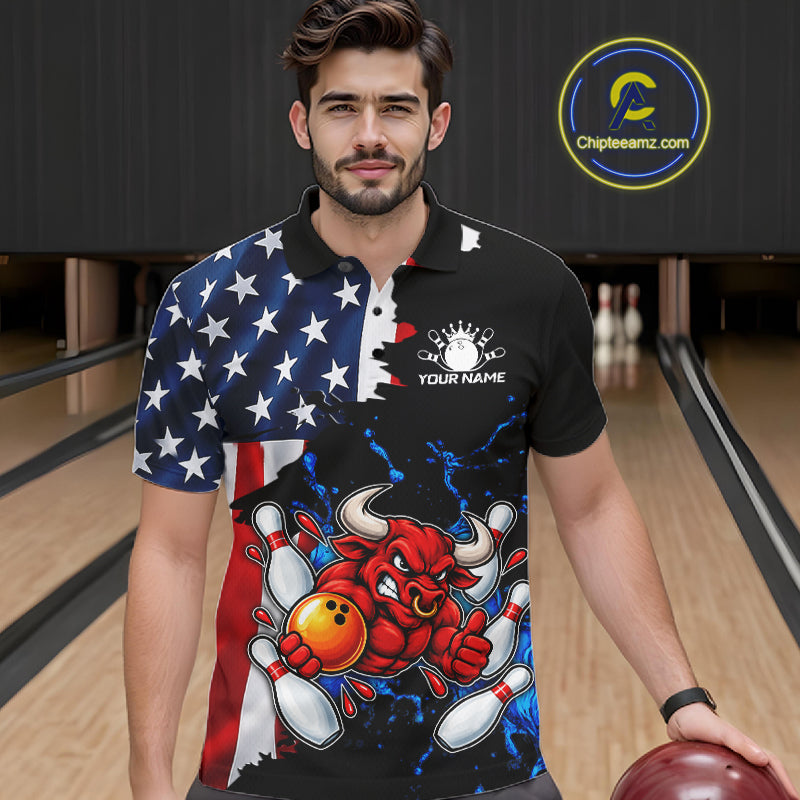 Funny Bull Bowling Shirts For Men Custom US Flag Patriotic Team Bowling Jerseys Uniforms TDM7504