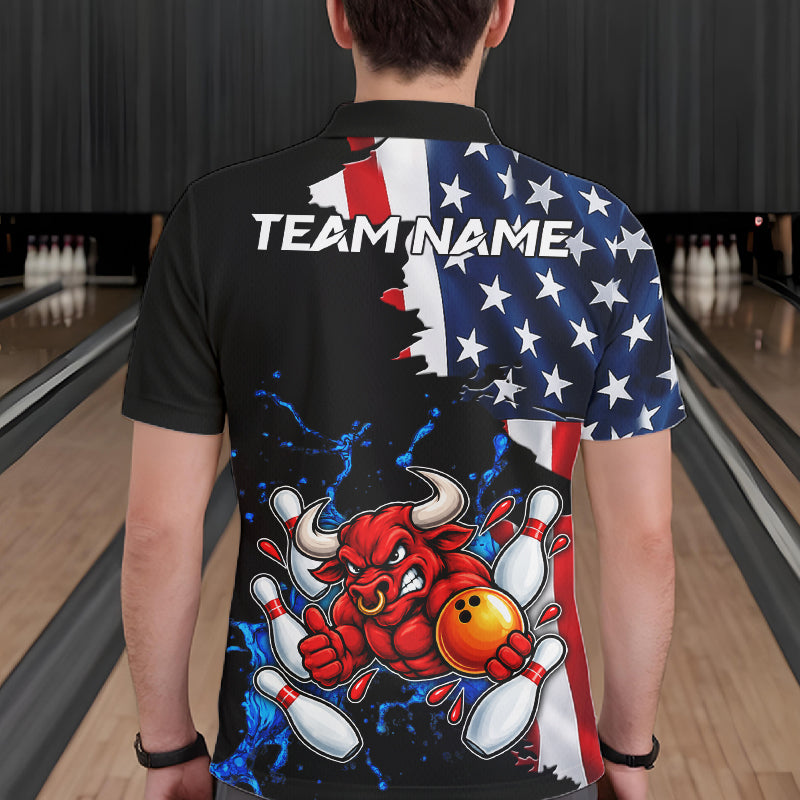 Funny Bull Bowling Shirts For Men Custom US Flag Patriotic Team Bowling Jerseys Uniforms TDM7504